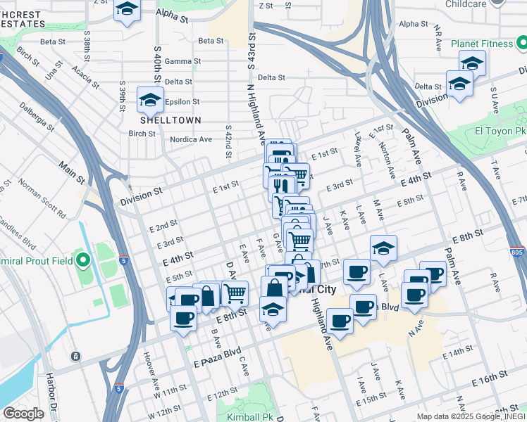 map of restaurants, bars, coffee shops, grocery stores, and more near 624 East 3rd Street in National City