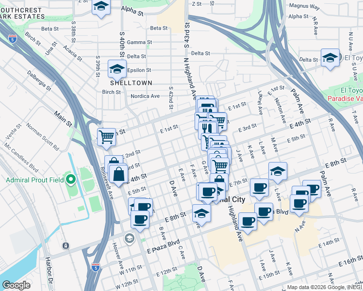 map of restaurants, bars, coffee shops, grocery stores, and more near in National City