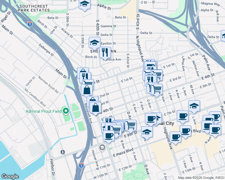 map of restaurants, bars, coffee shops, grocery stores, and more near 221 East 2nd Street in National City