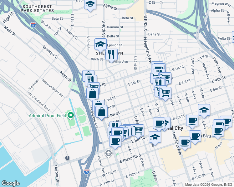 map of restaurants, bars, coffee shops, grocery stores, and more near 221 East 2nd Street in National City