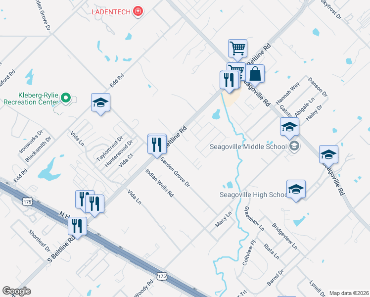 map of restaurants, bars, coffee shops, grocery stores, and more near 13618 Biggs Street in Dallas
