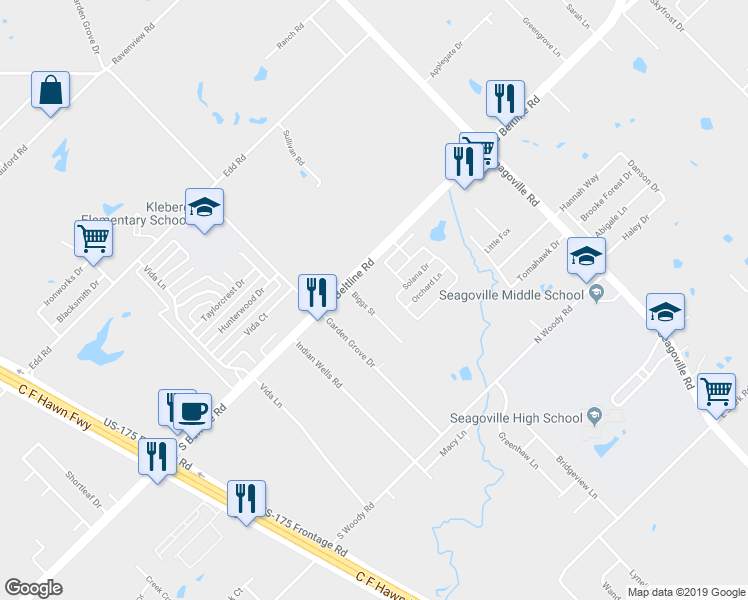 map of restaurants, bars, coffee shops, grocery stores, and more near 13607-13799 Biggs Street in Dallas
