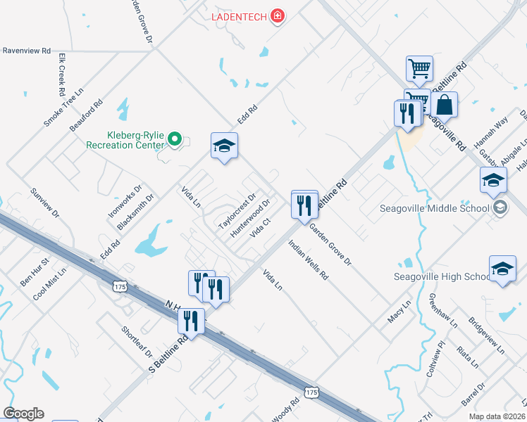map of restaurants, bars, coffee shops, grocery stores, and more near 1540 Hunterwood Drive in Dallas