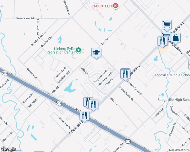 map of restaurants, bars, coffee shops, grocery stores, and more near 1651 Cedar Bluff Lane in Dallas
