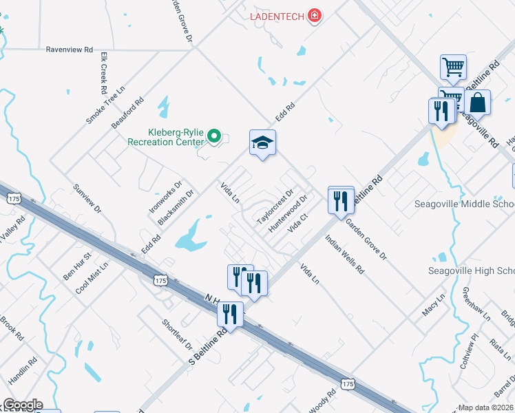 map of restaurants, bars, coffee shops, grocery stores, and more near 1651 Cedar Bluff Lane in Dallas