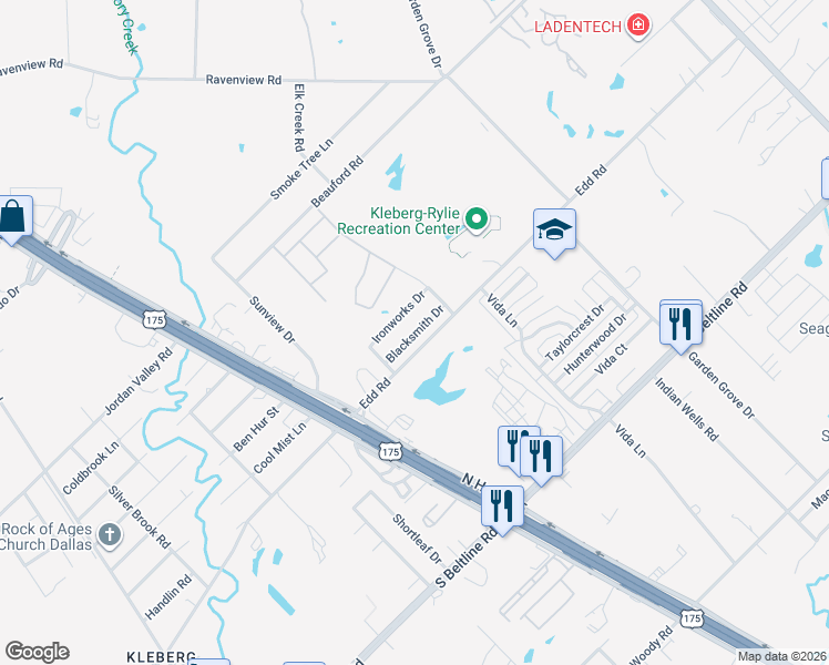 map of restaurants, bars, coffee shops, grocery stores, and more near 1744 Blacksmith Drive in Dallas