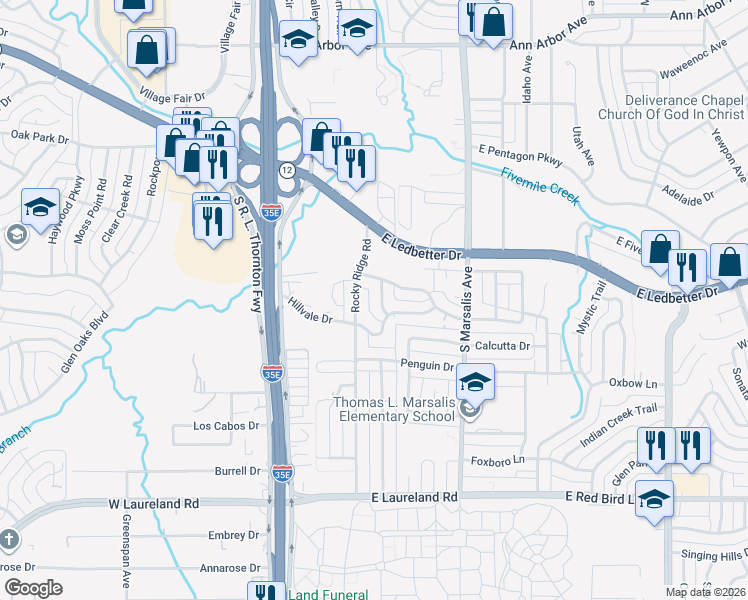 map of restaurants, bars, coffee shops, grocery stores, and more near 5206 Rocky Ridge Road in Dallas