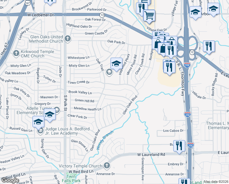 map of restaurants, bars, coffee shops, grocery stores, and more near 509 Brook Valley Lane in Dallas