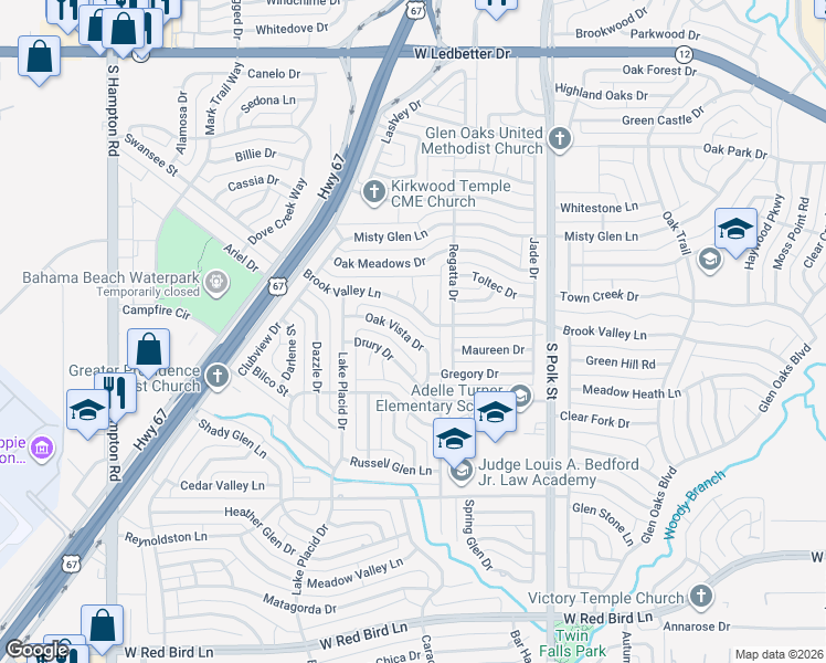map of restaurants, bars, coffee shops, grocery stores, and more near 1462 Oak Vista Drive in Dallas