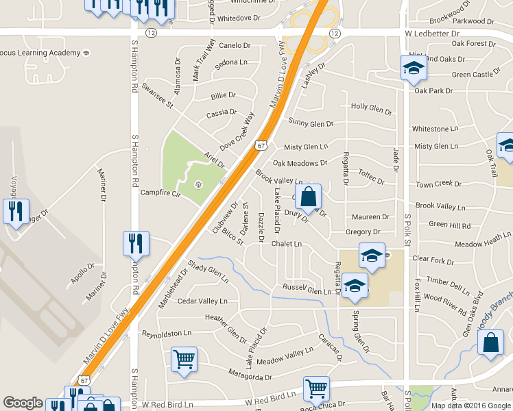 map of restaurants, bars, coffee shops, grocery stores, and more near 5206 Dazzle Drive in Dallas