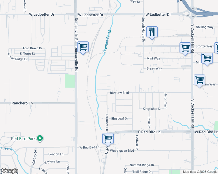 map of restaurants, bars, coffee shops, grocery stores, and more near 4755 Barstow Boulevard in Dallas