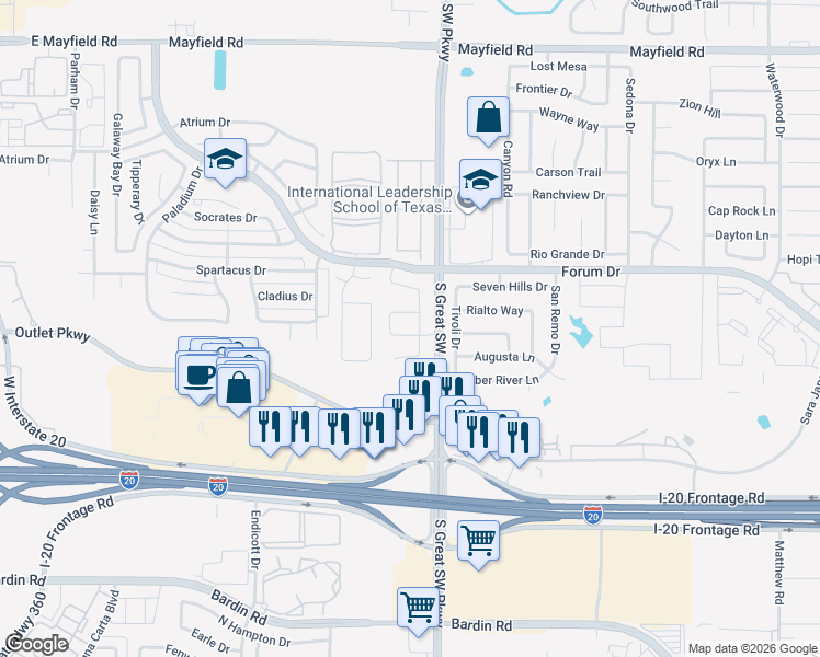 map of restaurants, bars, coffee shops, grocery stores, and more near 3600 South Great Southwest Parkway in Grand Prairie