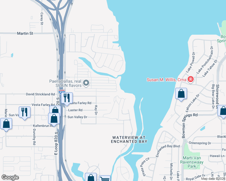 map of restaurants, bars, coffee shops, grocery stores, and more near 5705 David Strickland Road in Fort Worth