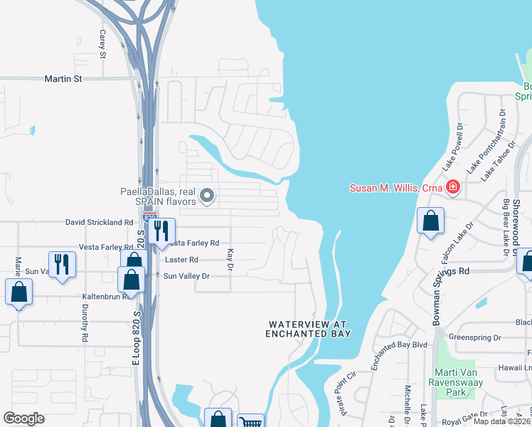 map of restaurants, bars, coffee shops, grocery stores, and more near 5705 David Strickland Road in Fort Worth