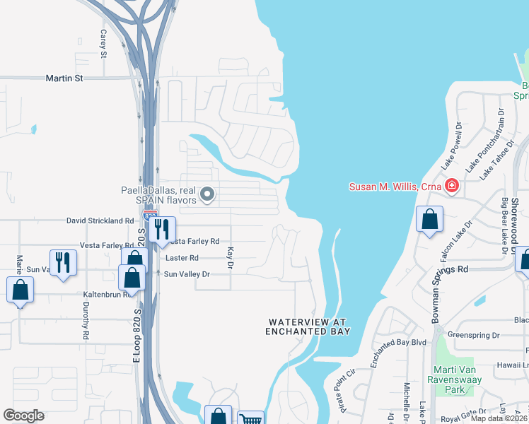 map of restaurants, bars, coffee shops, grocery stores, and more near 5705 David Strickland Road in Fort Worth