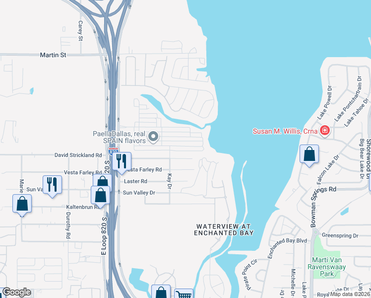 map of restaurants, bars, coffee shops, grocery stores, and more near 5652 Willamette Drive in Fort Worth