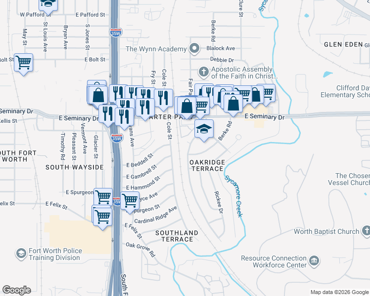 map of restaurants, bars, coffee shops, grocery stores, and more near 4436 Fair Park Boulevard in Fort Worth