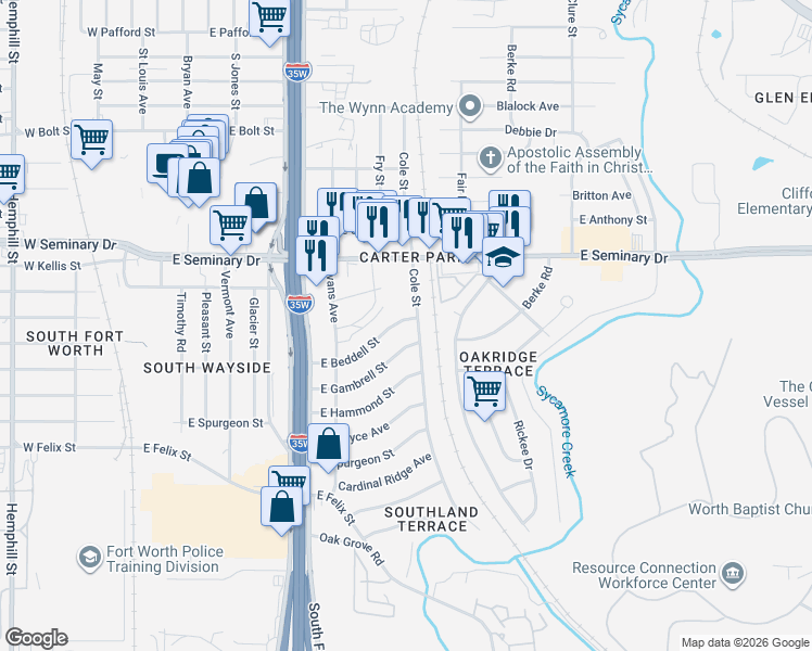 map of restaurants, bars, coffee shops, grocery stores, and more near 4441 Cole Street in Fort Worth