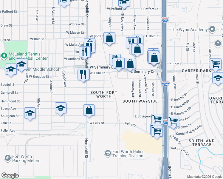 map of restaurants, bars, coffee shops, grocery stores, and more near 401 West Beddell Street in Fort Worth