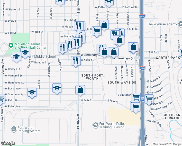 map of restaurants, bars, coffee shops, grocery stores, and more near 417 West Beddell Street in Fort Worth