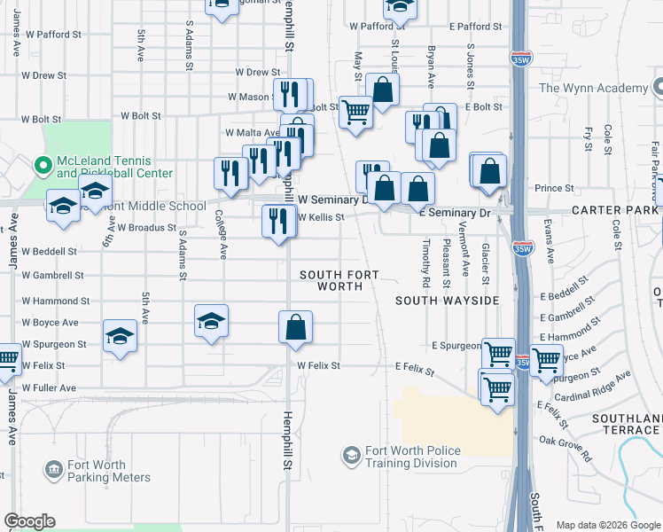 map of restaurants, bars, coffee shops, grocery stores, and more near 417 West Beddell Street in Fort Worth