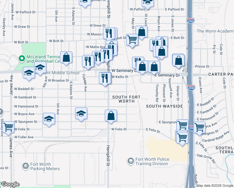 map of restaurants, bars, coffee shops, grocery stores, and more near 531 West Beddell Street in Fort Worth