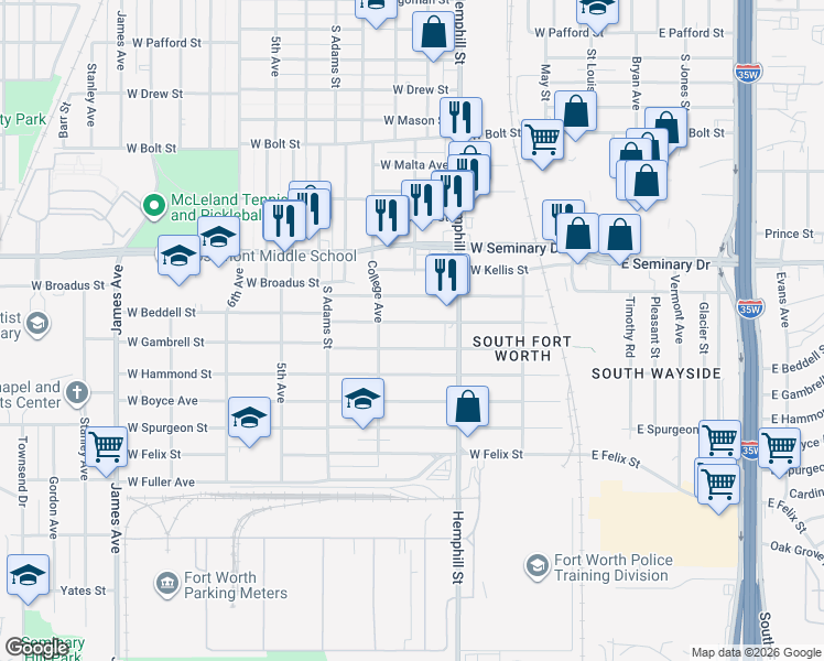 map of restaurants, bars, coffee shops, grocery stores, and more near 813 West Beddell Street in Fort Worth