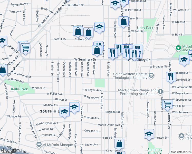 map of restaurants, bars, coffee shops, grocery stores, and more near 4433 Waits Avenue in Fort Worth