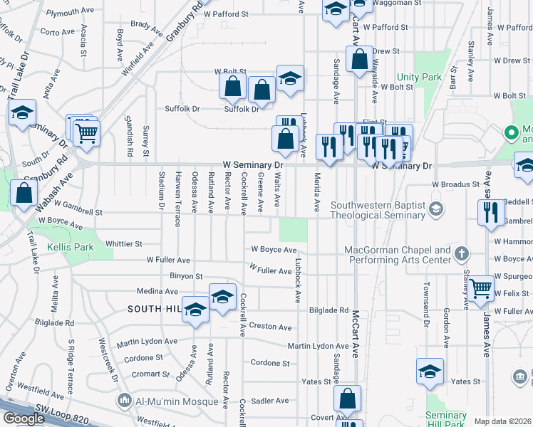map of restaurants, bars, coffee shops, grocery stores, and more near 4432 Greene Avenue in Fort Worth