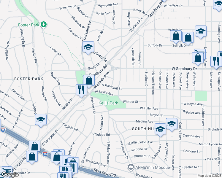 map of restaurants, bars, coffee shops, grocery stores, and more near 3559 West Gambrell Street in Fort Worth