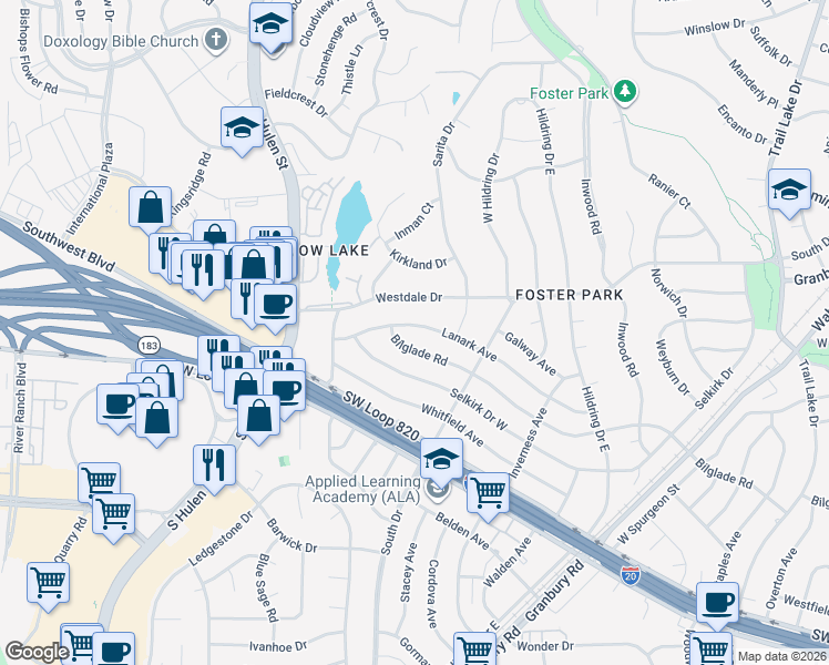 map of restaurants, bars, coffee shops, grocery stores, and more near 4329 Lanark Avenue in Fort Worth