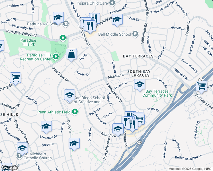 map of restaurants, bars, coffee shops, grocery stores, and more near 6860 Panamint Row in San Diego