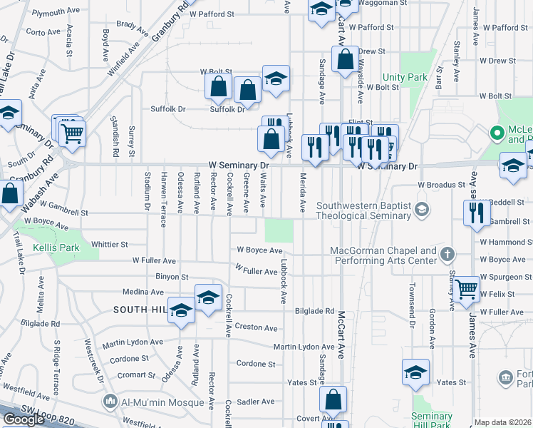 map of restaurants, bars, coffee shops, grocery stores, and more near 4433 Waits Avenue in Fort Worth