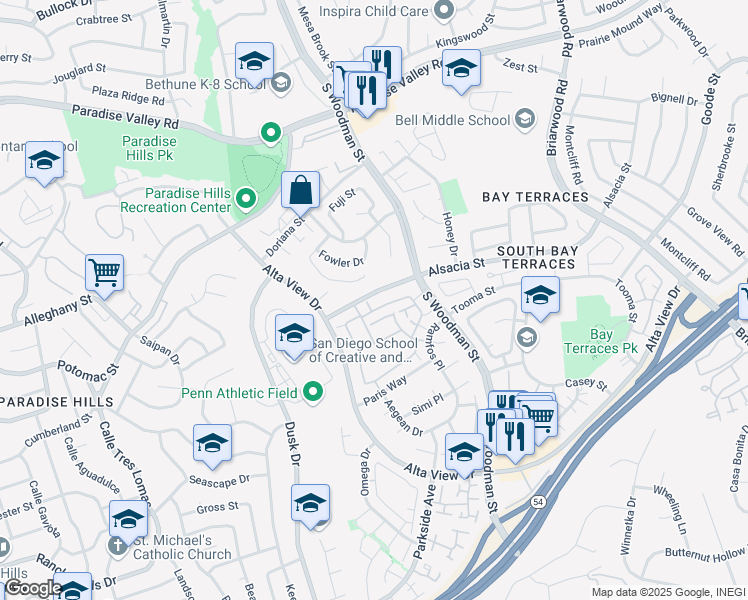 map of restaurants, bars, coffee shops, grocery stores, and more near 6816 Panamint Row in San Diego
