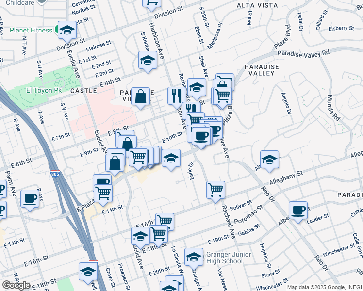 map of restaurants, bars, coffee shops, grocery stores, and more near 3006 East 11th Street in National City