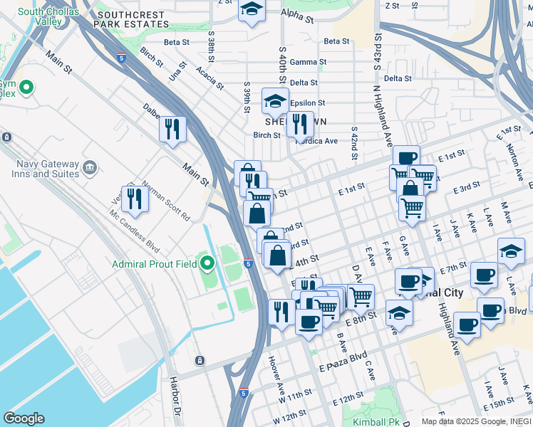 map of restaurants, bars, coffee shops, grocery stores, and more near 45 Osborn Street in National City