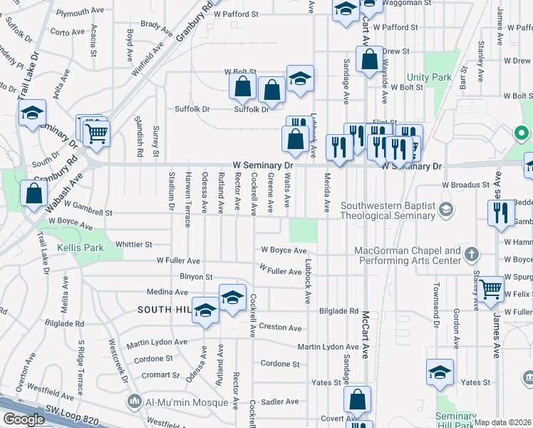 map of restaurants, bars, coffee shops, grocery stores, and more near 4432 Greene Avenue in Fort Worth