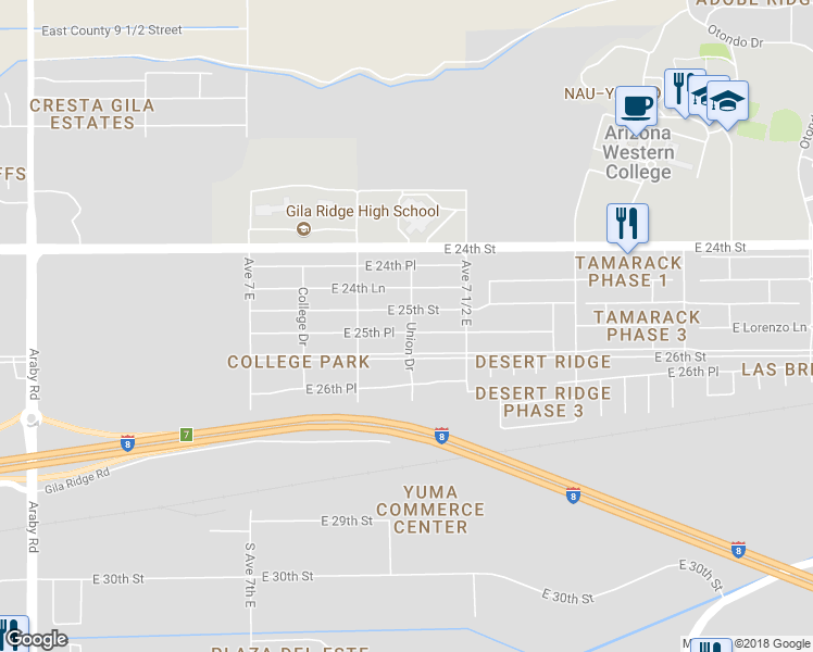 map of restaurants, bars, coffee shops, grocery stores, and more near 7388 East 25th Place in Yuma