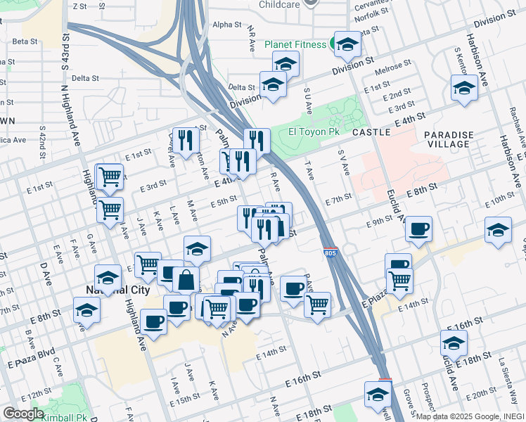 map of restaurants, bars, coffee shops, grocery stores, and more near 614 Q Ave in National City