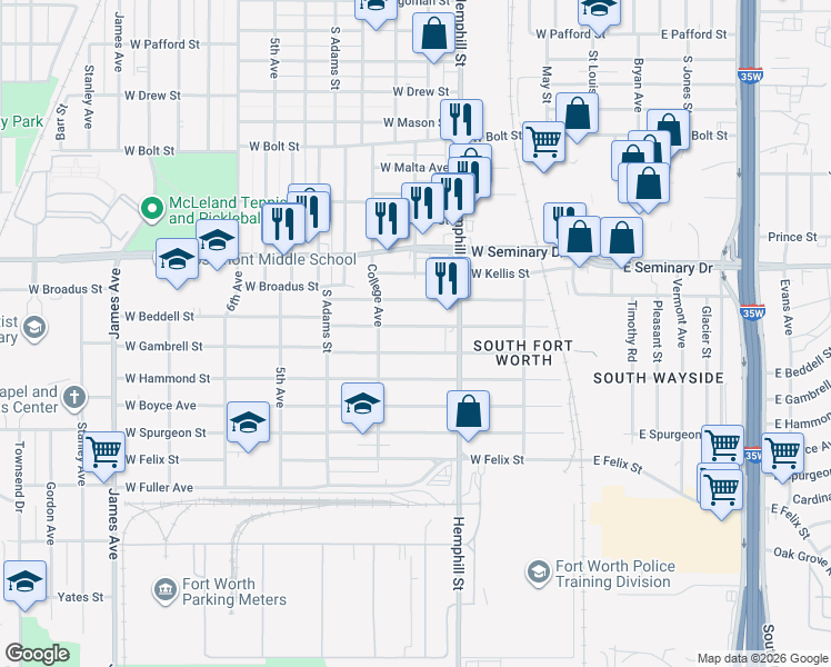 map of restaurants, bars, coffee shops, grocery stores, and more near 813 West Beddell Street in Fort Worth