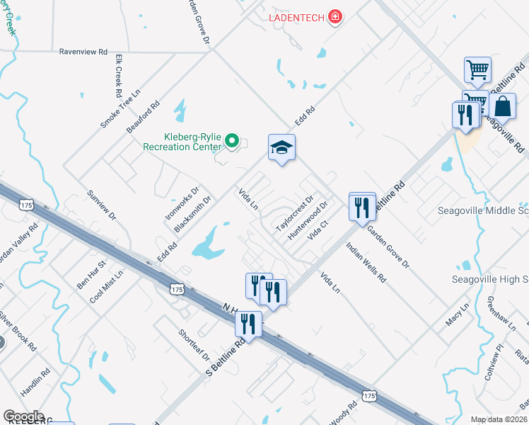 map of restaurants, bars, coffee shops, grocery stores, and more near 1651 Cedar Bluff Lane in Dallas