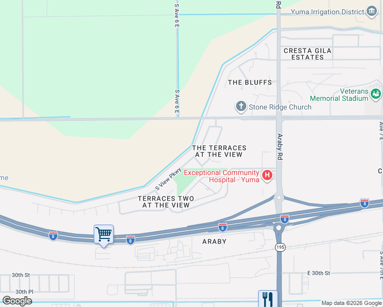map of restaurants, bars, coffee shops, grocery stores, and more near 2556 South View Parkway in Yuma