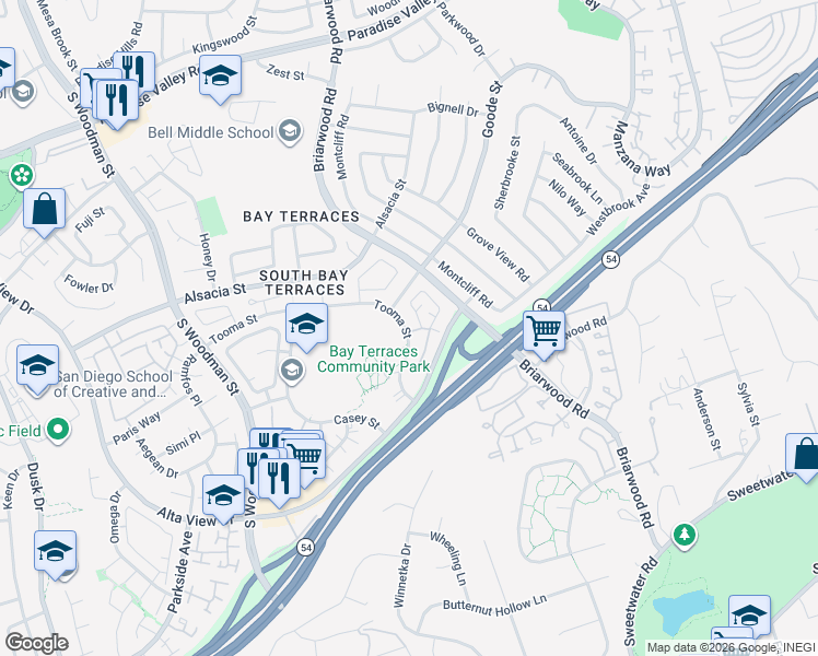 map of restaurants, bars, coffee shops, grocery stores, and more near 7352 Tooma Street in San Diego