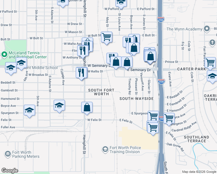 map of restaurants, bars, coffee shops, grocery stores, and more near 401 West Beddell Street in Fort Worth