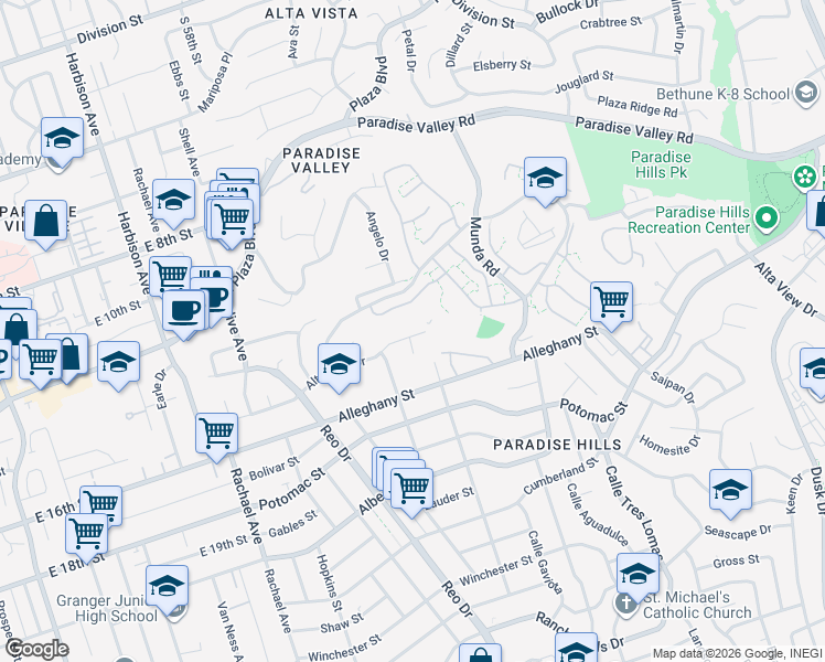 map of restaurants, bars, coffee shops, grocery stores, and more near 5984 Altamont Drive in San Diego