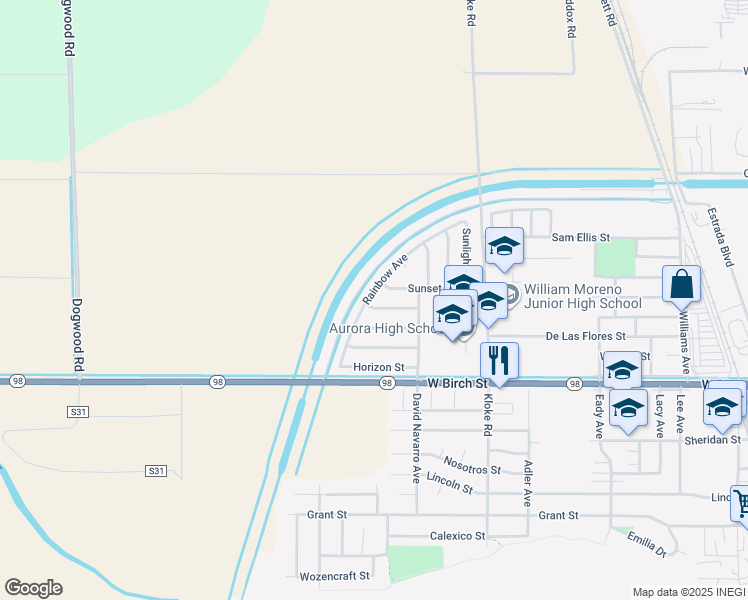 map of restaurants, bars, coffee shops, grocery stores, and more near 1037 Valley Street in Calexico