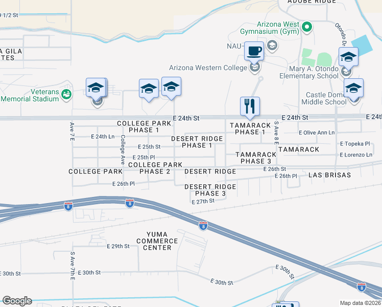 map of restaurants, bars, coffee shops, grocery stores, and more near 7628-7630 E 25th Pl in Yuma