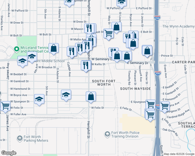 map of restaurants, bars, coffee shops, grocery stores, and more near 531 West Beddell Street in Fort Worth