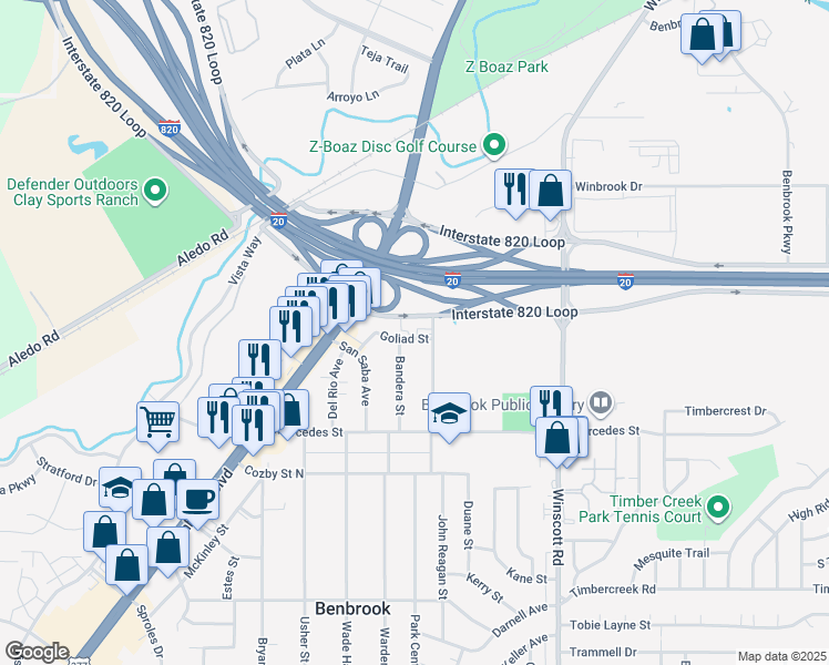 map of restaurants, bars, coffee shops, grocery stores, and more near 113 Goliad Street in Benbrook