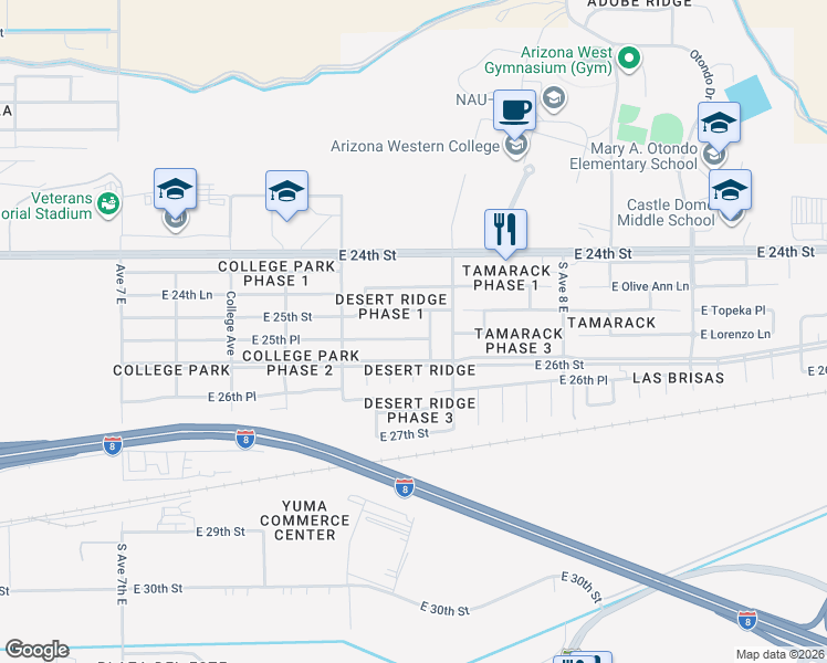 map of restaurants, bars, coffee shops, grocery stores, and more near 7630 E 25th Pl in Yuma